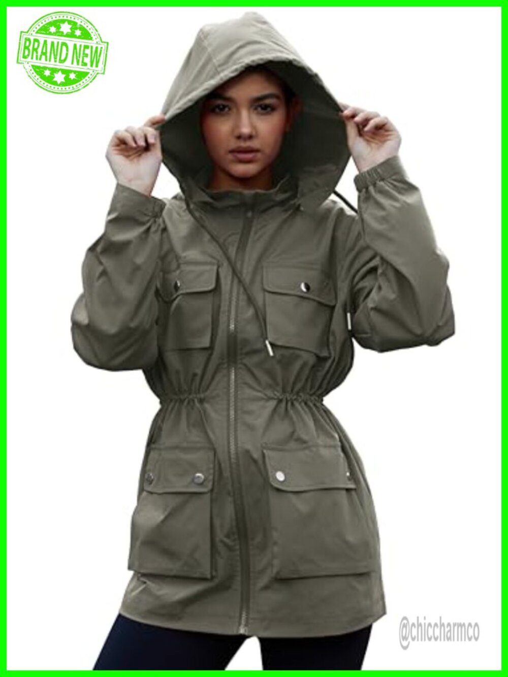 Womens Packable Waterproof Windbreaker Rain Jacket Removable Hood Utility Cargo